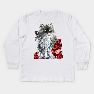 CAT KITTEN WITH RED ROSES ,Black and White Kids Long Sleeve T-Shirt